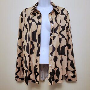 SHEIN Cream Black Patterned Long Sleeve Button Down Blouse Top - M